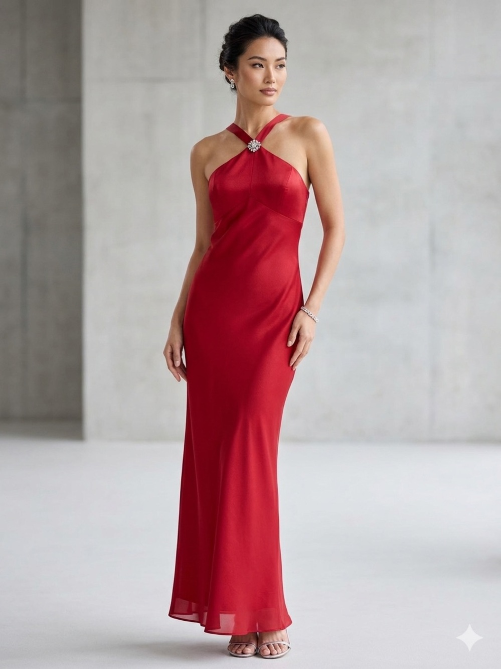 David's Bridal Red Evening Gown with striking crystal brooch